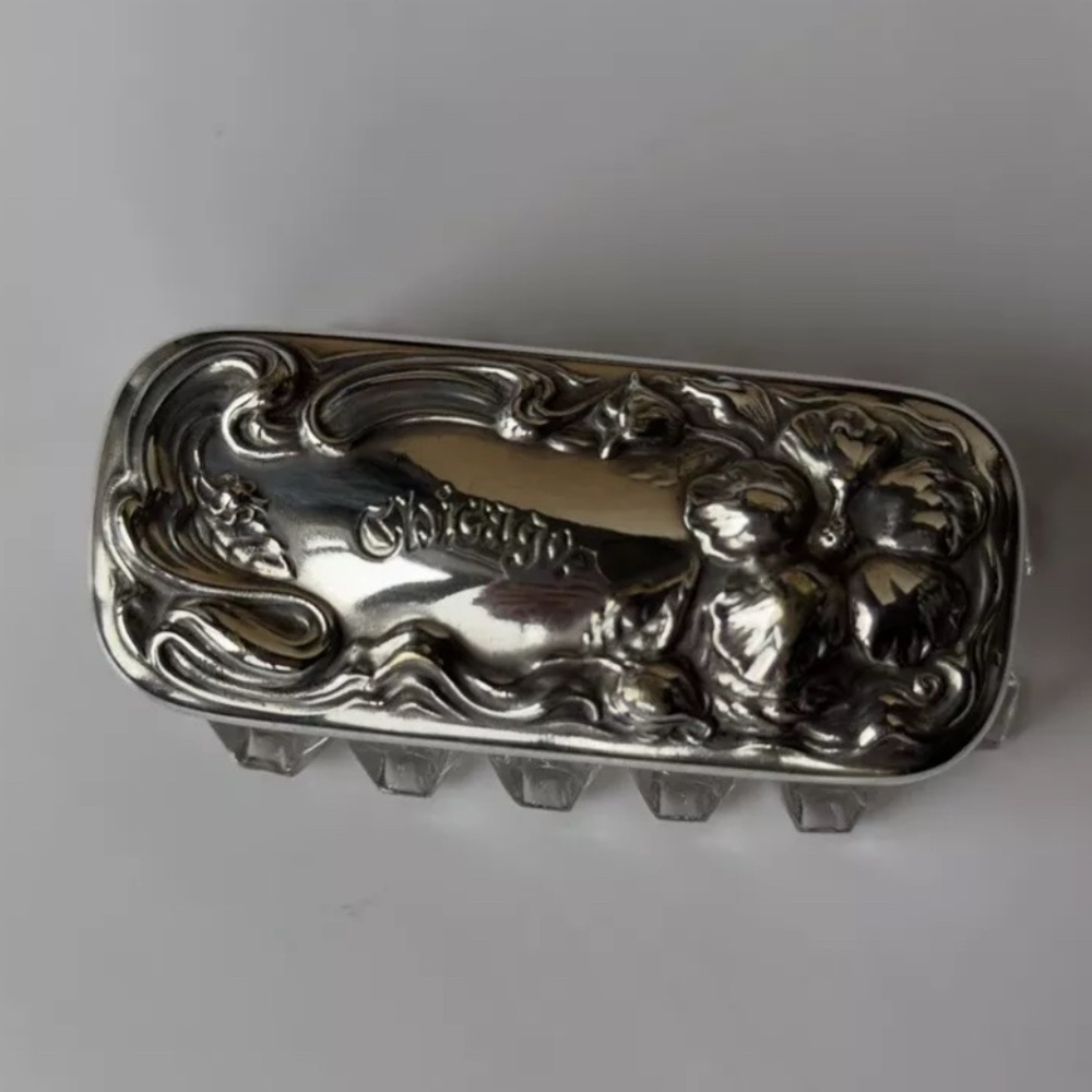 Antique Trinket Glass Dish With A Silver Lid. Very Small. Chicago Engraved.